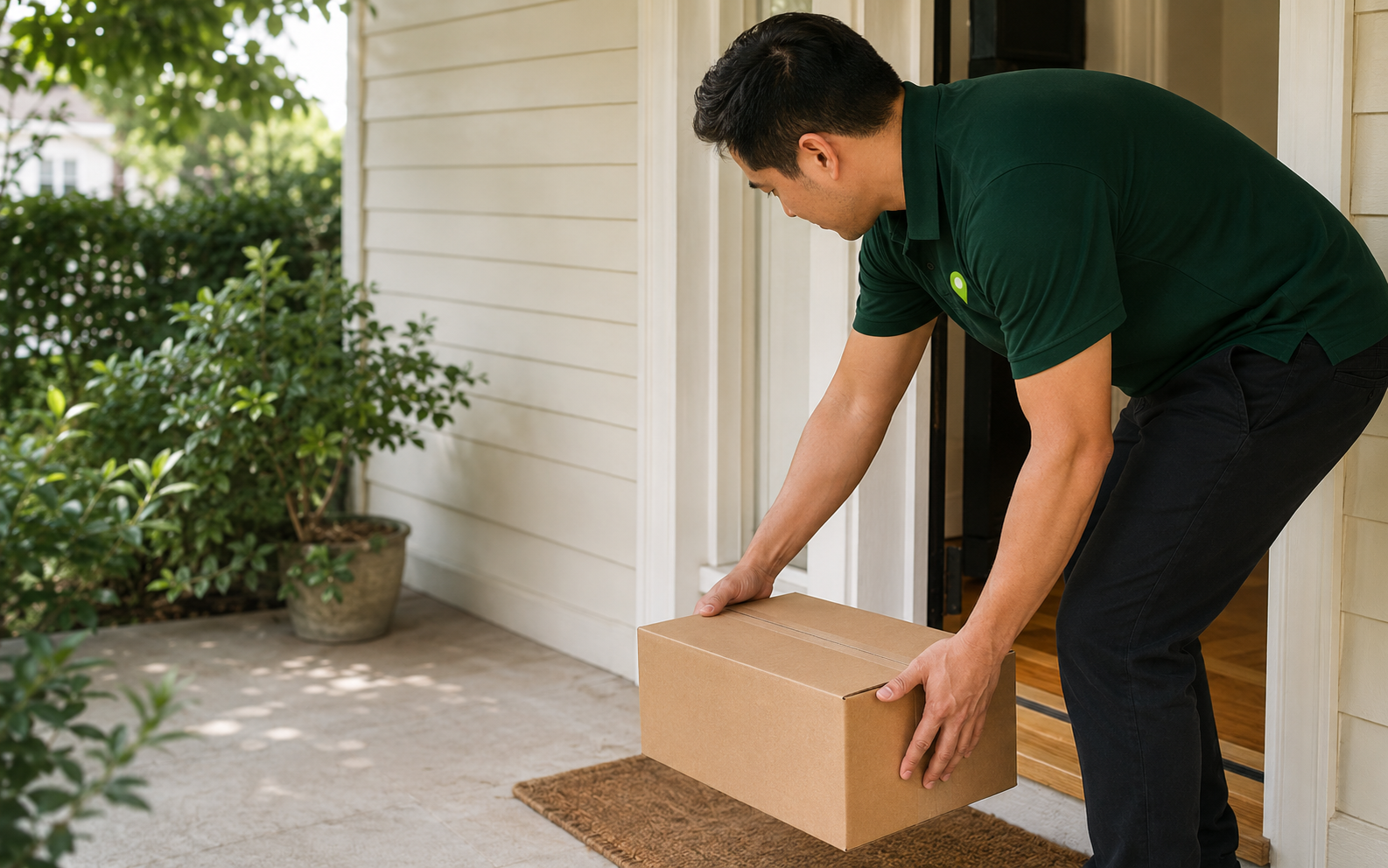 A local pickup worker collecting a sealed return package from a doorstep